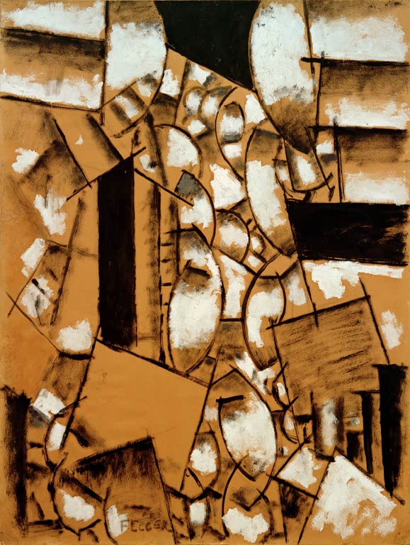 Zerlegte Formen in Ocker, Schwarz und Weiß auf Karton – Fernand Leger Contraste de formes Kunstkopie