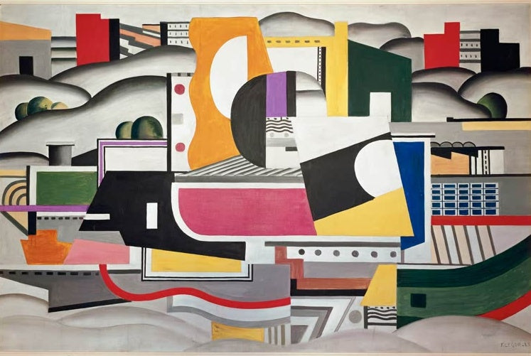 Dampfschiff mit rosa und schwarzen Formen vor grauen Wolken und Fabrikbauten – Fernand Leger Das Dampfschiff Kunstkopie