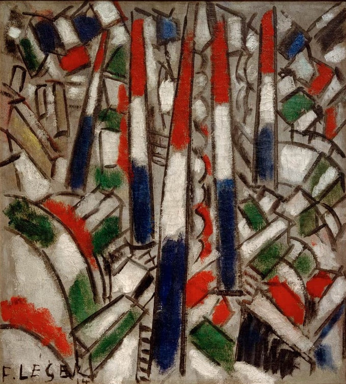 Rot-weiß-blaue Fahnenbahnen und grüne Flächen in dichtem Gefüge, signiert unten links – Fernand Leger Der 14. Juli Kunstkopie