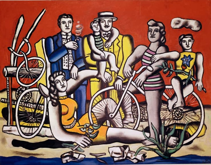 Familie mit Kindern und Fahrrädern vor leuchtend rotem Grund – Fernand Leger Der Ausflug Kunstkopie