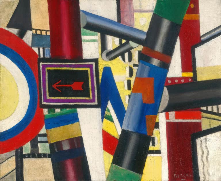 Rote und blaue Röhren mit Signaltafel und Pfeil – Fernand Leger Der Bahnübergang Kunstkopie