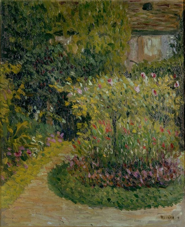 Üppiger Garten mit blühenden Büschen, Rundbeet und Weg vor einem Haus – Fernand Leger Der Garten meiner Mutter Kunstkopie