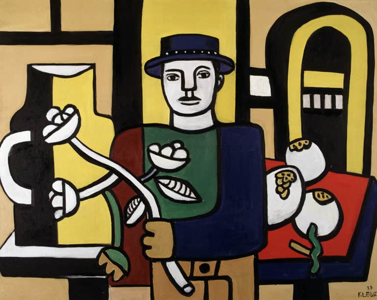 Mann mit blauem Hut hält Blumen vor gelben und schwarzen Flächen – Fernand Leger Der Mann mit dem blauen Hut Kunstkopie