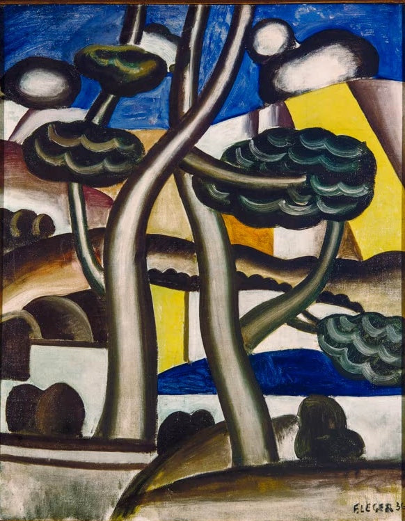 Zwei geschwungene Baumstämme mit dunklen Kronen vor blauem Himmel und gelben Hügeln – Fernand Leger Der Wald Kunstkopie