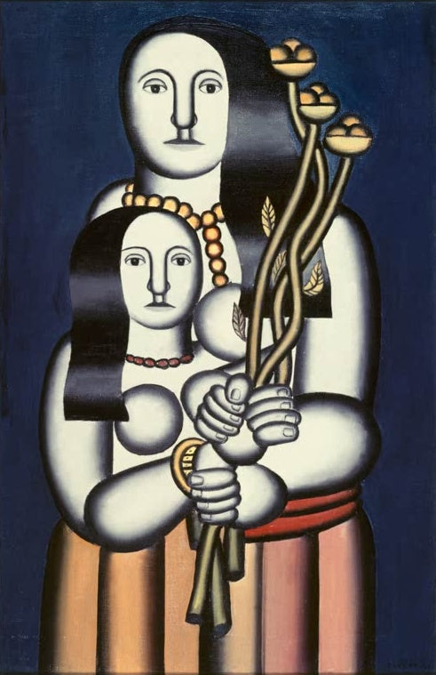 Zwei Frauen halten Blumen mit langen Stielen vor dunkelblauem Grund – Fernand Leger Deux femmes sur fond bleu Kunstkopie