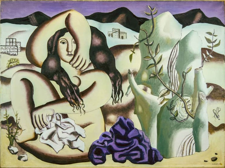 Sitzende Badende mit langem dunklem Haar, violettem Felsen und hellgrünen Formationen – Fernand Leger Die Badende Kunstkopie