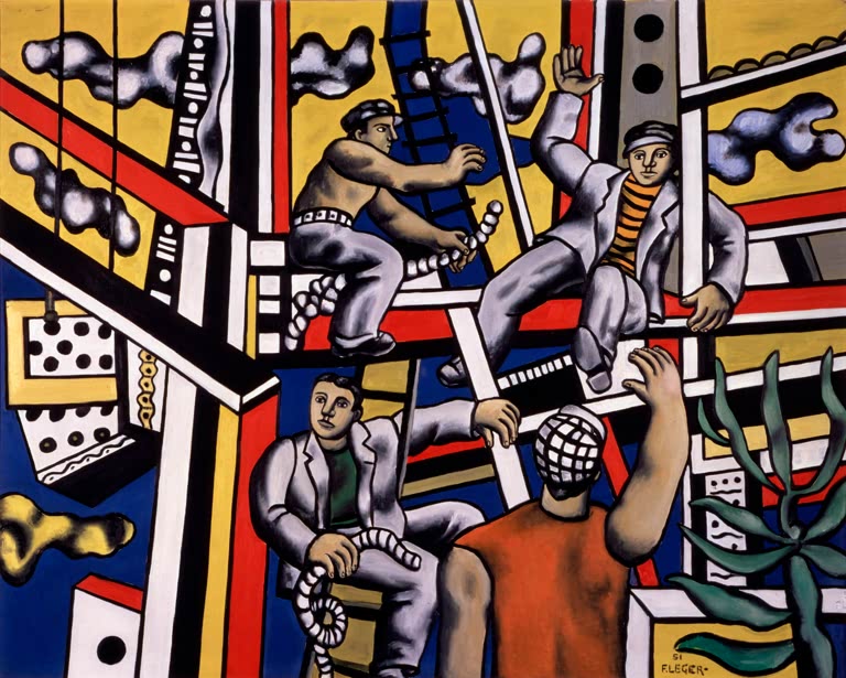 Bauarbeiter in einem Gerüst aus roten und schwarzen Balken – Fernand Leger Die Bauarbeiter Kunstkopie