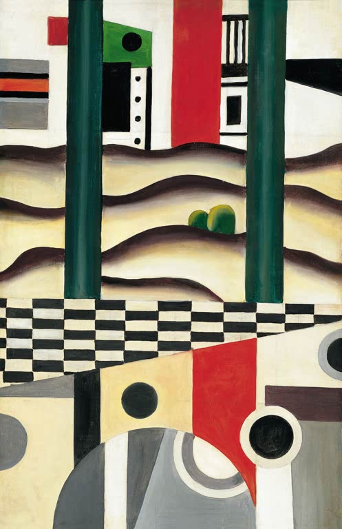 Grüne Pfeiler vor Hügelwellen mit Schachbrettmuster darunter – Fernand Leger Die Brücke Kunstkopie