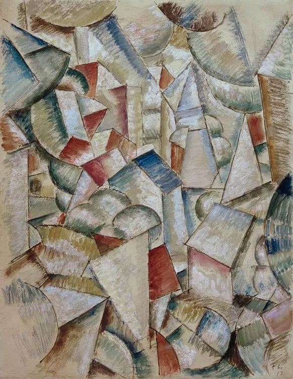 Facettierte Dächer und Rauchwolken in zarten Blau-, Grau- und Rottönen – Fernand Leger Die Dächer Kunstkopie