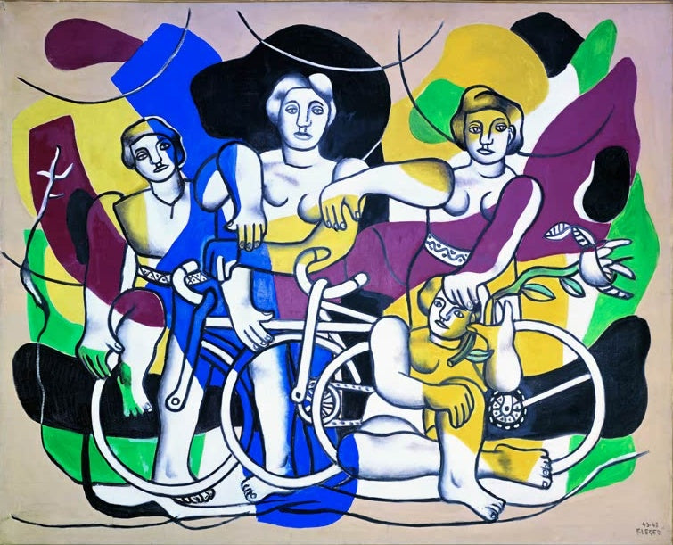 Vier Radfahrerinnen und Radfahrer in Blau, Weiß und Gelb vor Farbflächen – Fernand Leger Die Radfahrer Kunstkopie