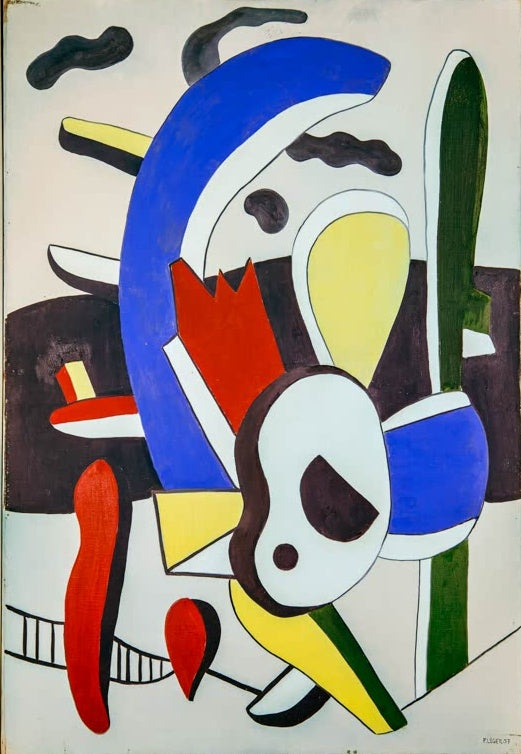 Blaue, gelbe, rote und grüne Formen mit weißer Maske auf hellem Grund – Fernand Leger Die Schmetterlinge Kunstkopie