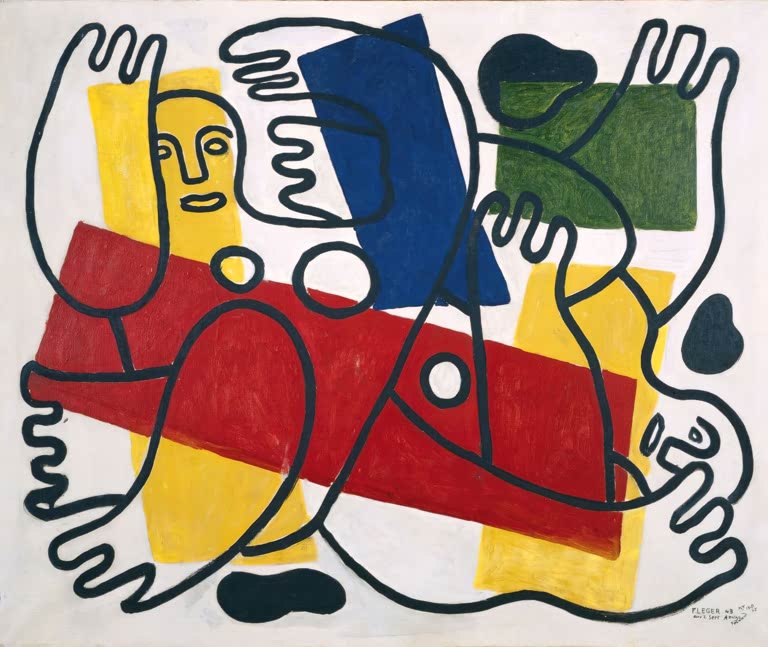 Schwarz umrandete Schwimmerfiguren vor roten, gelben, blauen und grünen Farbflächen – Fernand Leger Die Taucher Kunstkopie