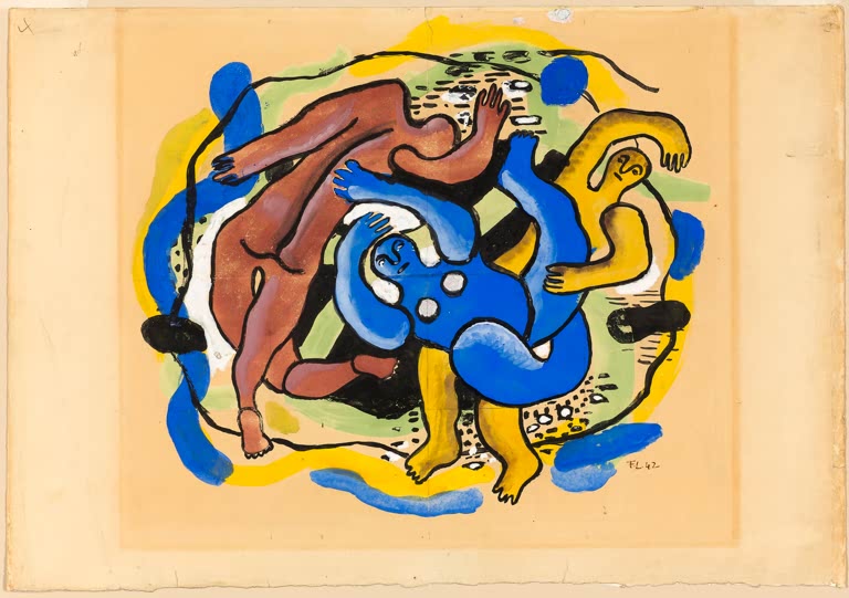 Verschlungene Taucher in Braun, Blau und Gelb auf Papier – Fernand Leger Die Taucher Kunstkopie