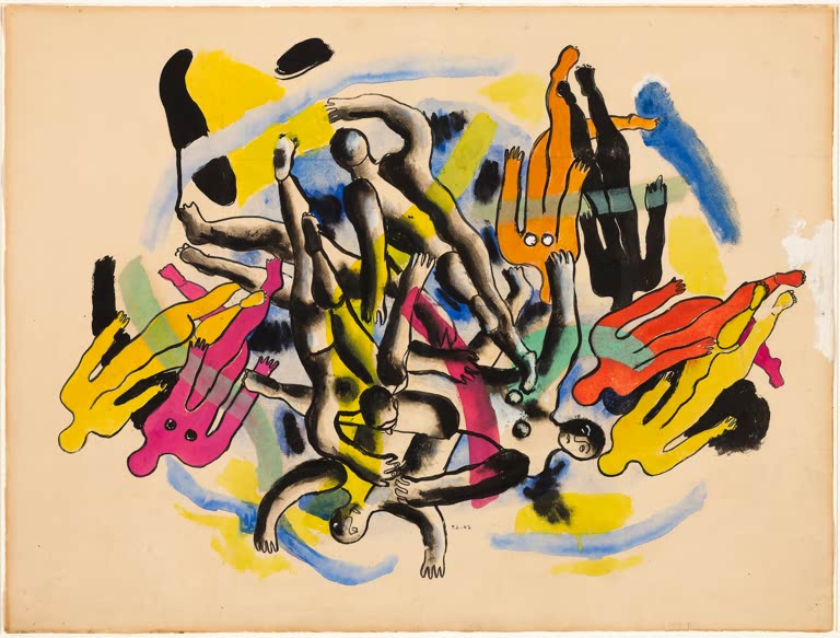 Konturierte Taucher in Pink, Gelb und Orange auf Papier – Fernand Leger Die Taucher Kunstkopie