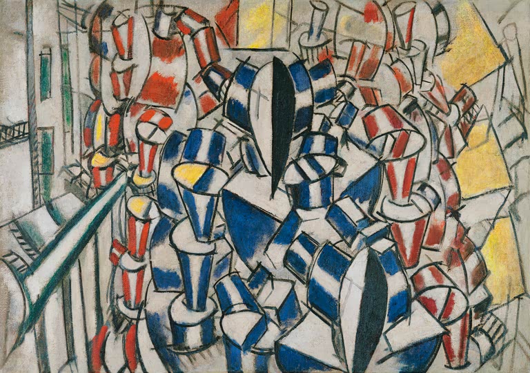 Kubistisch zerlegte Figuren in Rot, Blau und Weiß auf einer Treppe – Fernand Leger Die Treppe (Zweiter Zustand) Kunstkopie