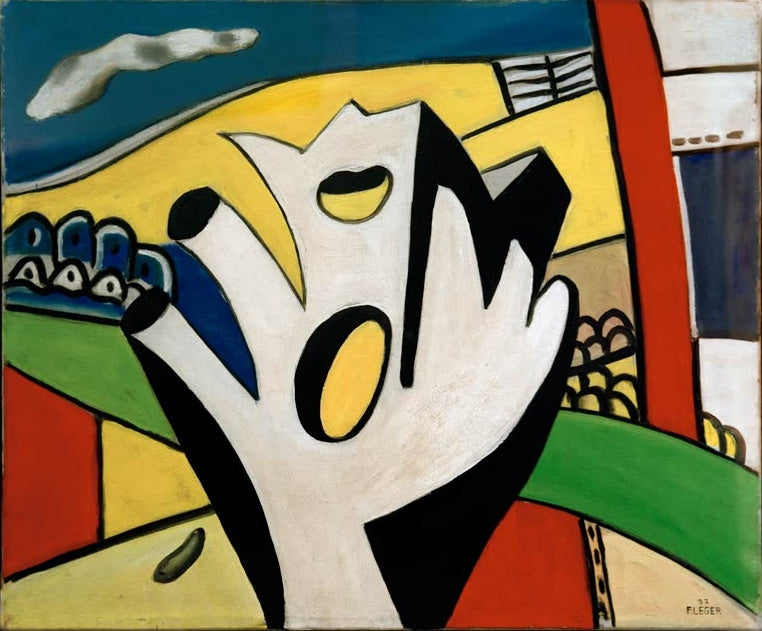 Weiße Hennenform vor gelb-grüner Landschaft – Fernand Leger Die weiße Henne Kunstkopie
