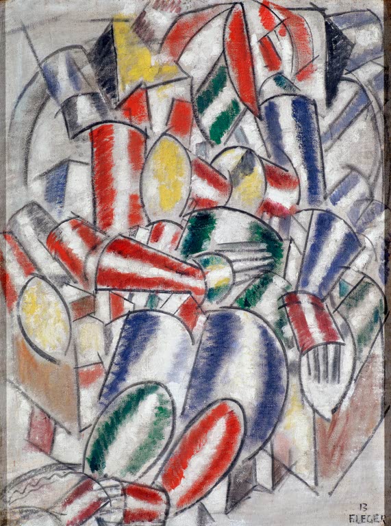 Sitzende Figur aus rot-blau gestreiften Röhren und Kegeln – Fernand Leger Eine sitzende Frau Kunstkopie