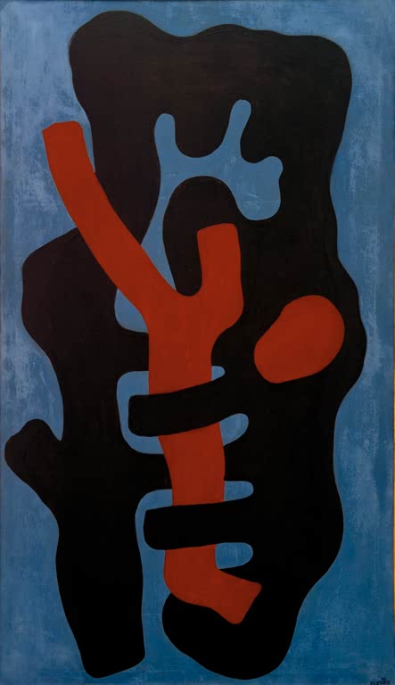 Rote und schwarze Wurzelformen auf blauem Grund im Hochformat – Fernand Leger Eléments sur fond bleu Kunstkopie