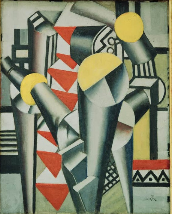 Graue zylindrische Figuren mit gelben Scheiben – Fernand Leger Étude pour la partie de carte Kunstkopie