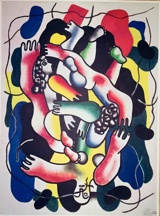 Verschlungene, rosa und grüne Körperformen auf bunten Farbflecken – Fernand Leger Female Composition Kunstkopie