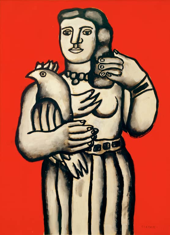 Frau in Streifenkleid hält einen Vogel vor leuchtend rotem Grund – Fernand Leger Femme à l'oiseau sur fond rouge Kunstkopie