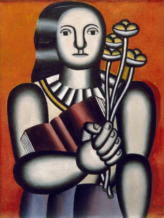 Frau mit Blumenstrauß und Buch in Grautönen vor orangerotem Grund – Fernand Leger Frau mit Blumenstrauß Kunstkopie