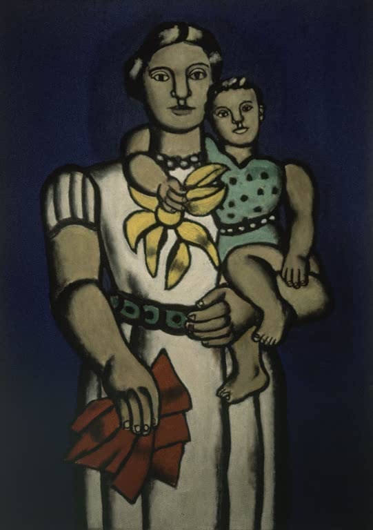 Frau in hellem Kleid hält ein Kind im Arm vor dunkelblauem Grund – Fernand Leger Frau mit ihrem Kind im Arm Kunstkopie