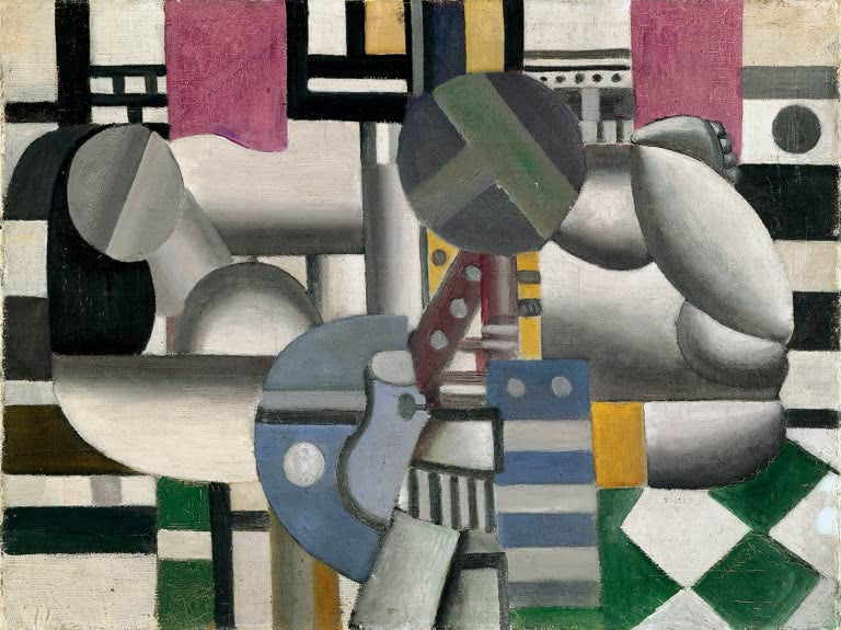 Liegende Frauenfigur und Stillleben in grauen Röhrenformen mit Karomuster – Fernand Leger Frau mit Stillleben Kunstkopie