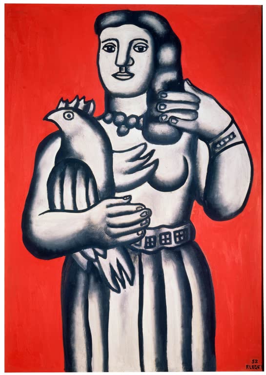 Frau mit Vogel im Arm vor leuchtend rotem Hintergrund – Fernand Leger Frau mit Vogel vor rotem Hintergrund Kunstkopie