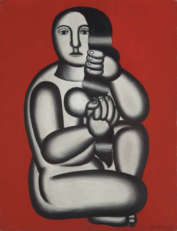Hockender grauer Frauenakt vor tiefrotem Hintergrund – Fernand Leger Frau vor rotem Hintergrund Kunstkopie