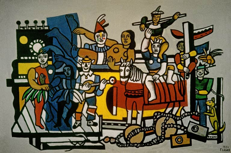 Zirkusfiguren mit Pferd, Musikern und Ketten in bunten Farben – Fernand Leger Karnevalsszene Der große Umzug Kunstkopie