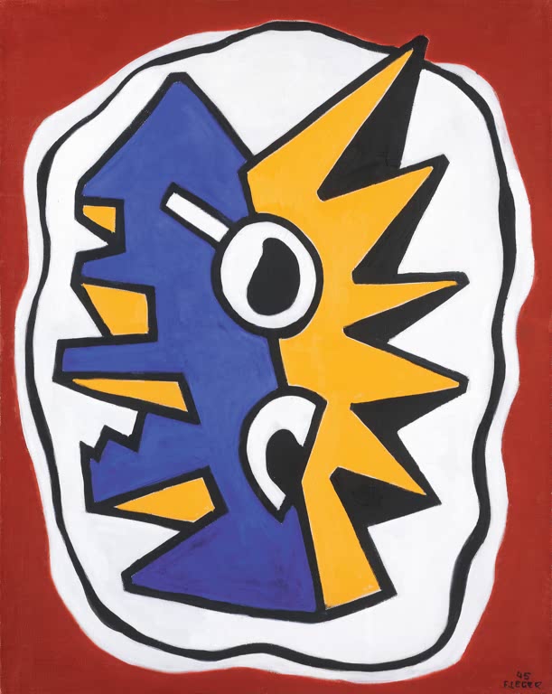 Blau-gelbe gezackte Form in weißer Umrandung auf rotem Grund – Fernand Leger Komposition auf rotem Grund Kunstkopie