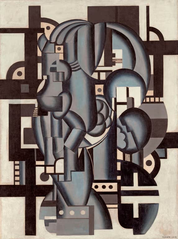 Graublaue, maschinenartige Figurenformen in schwarzen und weißen Rastern – Fernand Leger Komposition in Blau Kunstkopie