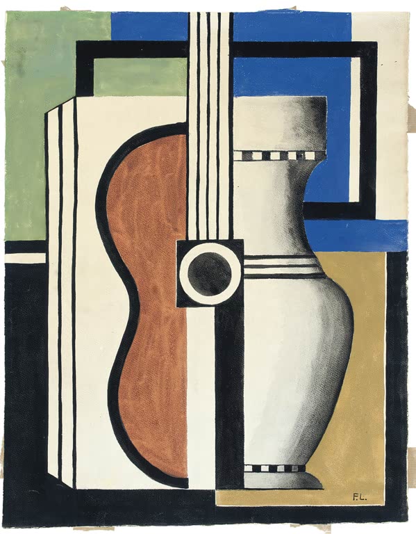 Gitarre und Vase in geometrischen Flächen aus Grün, Blau und Ocker – Fernand Leger Komposition mit Gitarre Kunstkopie