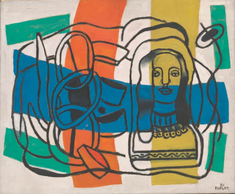 Statuette vor blauem Band und orangen Streifen – Fernand Leger Komposition mit Statuette Kunstkopie