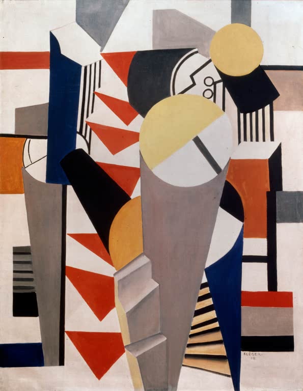 Dreiecke, Kreise und graue Bauformen in Rot, Gelb und Weiß – Fernand Leger Komposition Kunstkopie