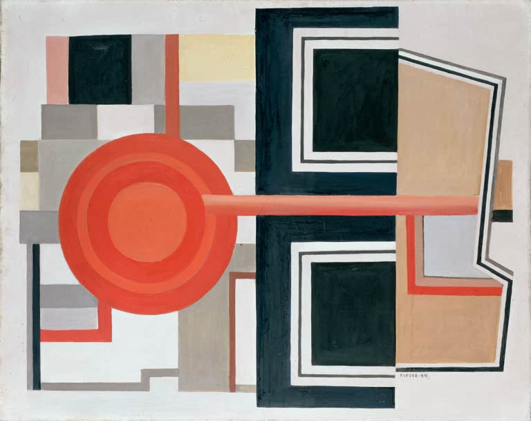 Roter Kreis mit Strahl und schwarzen Rechtecken auf hellem Grund – Fernand Leger Komposition Kunstkopie
