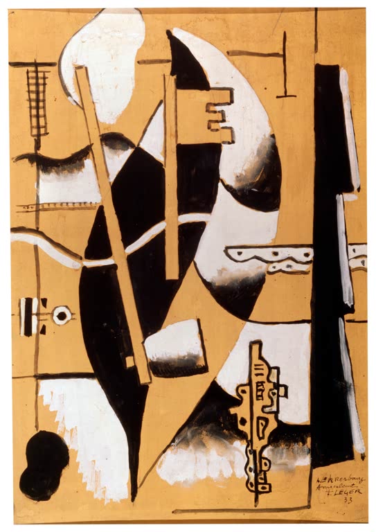 Schwarz-weiße Formen mit Schlüssel und Leiter auf ockerfarbenem Grund – Fernand Leger Komposition Kunstkopie