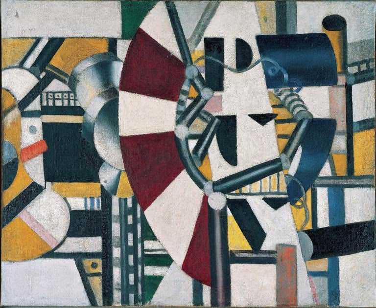 Fächerform in Rot und Weiß mit Röhren und Zahnrädern – Fernand Leger Komposition Kunstkopie