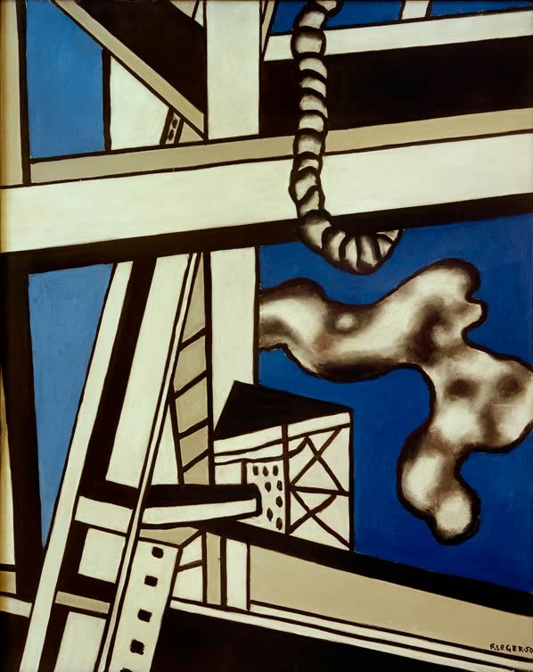 Weiße Gerüstbalken, hängendes Seil und braun-weiße Wolkenform vor blauem Grund – Fernand Leger Konstruktion Kunstkopie