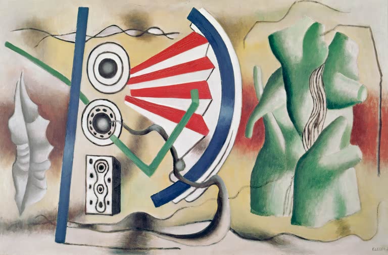 Gestreifte Muschel und Torso neben Fächer und Kreisformen – Fernand Leger L'arbre vert Kunstkopie