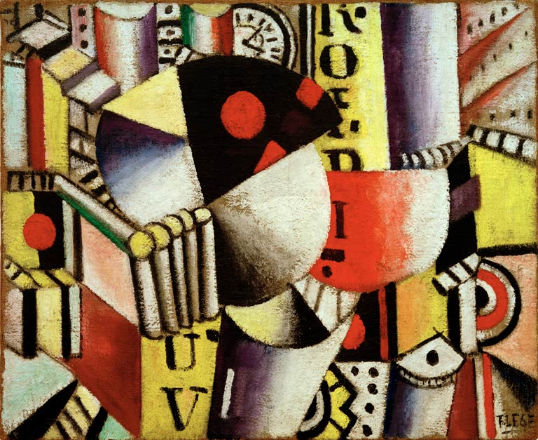 Uhr, Buchstaben und Zylinderformen in kräftigen Gelb-, Rot- und Schwarztönen – Fernand Leger L'horloge Kunstkopie