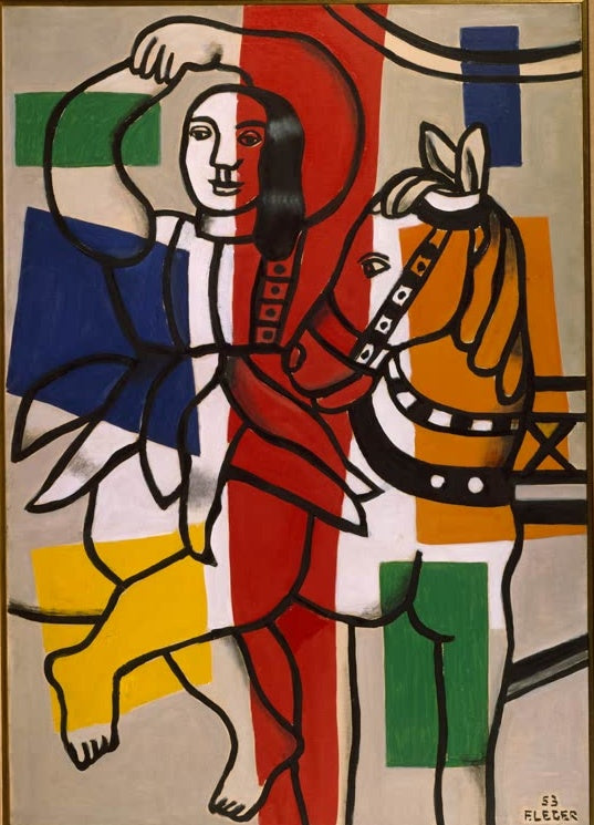 Tänzerin neben einem Pferd vor roten, blauen und gelben Farbfeldern – Fernand Leger La danseuse au cheval Kunstkopie
