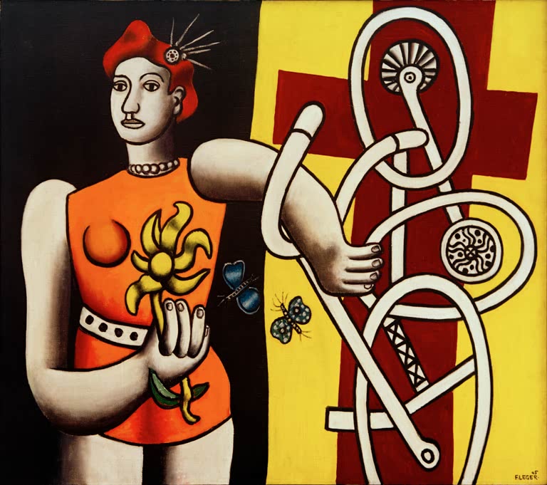 Frau mit roter Haube und orangem Oberteil hält eine Blume, daneben Schleifenform – Fernand Leger La grande Julie Kunstkopie