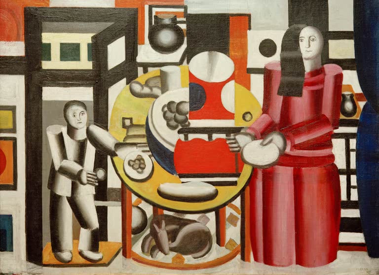 Mutter in Rot und Kind am gelben Tisch mit Hund – Fernand Leger La mère et l'enfant Kunstkopie