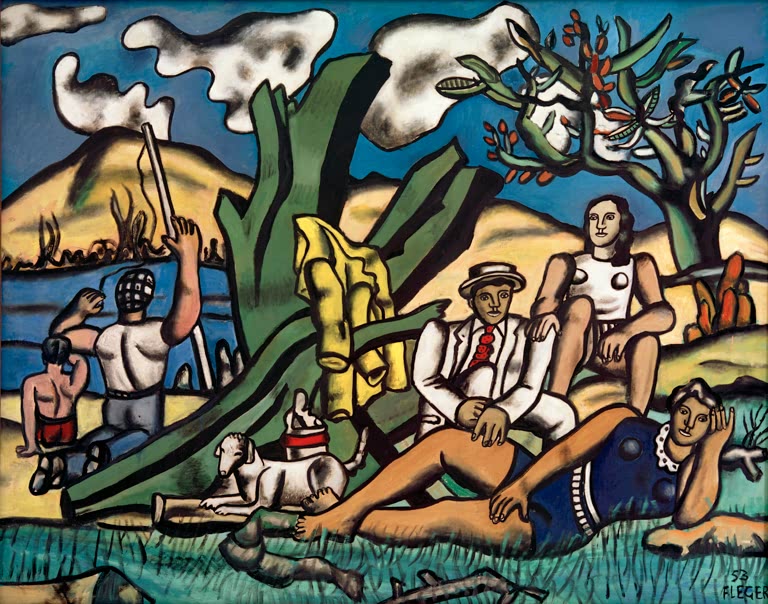 Ausflugsgesellschaft mit Hund auf einer Wiese vor Hügeln und Baum – Fernand Leger La partie de campagne Kunstkopie