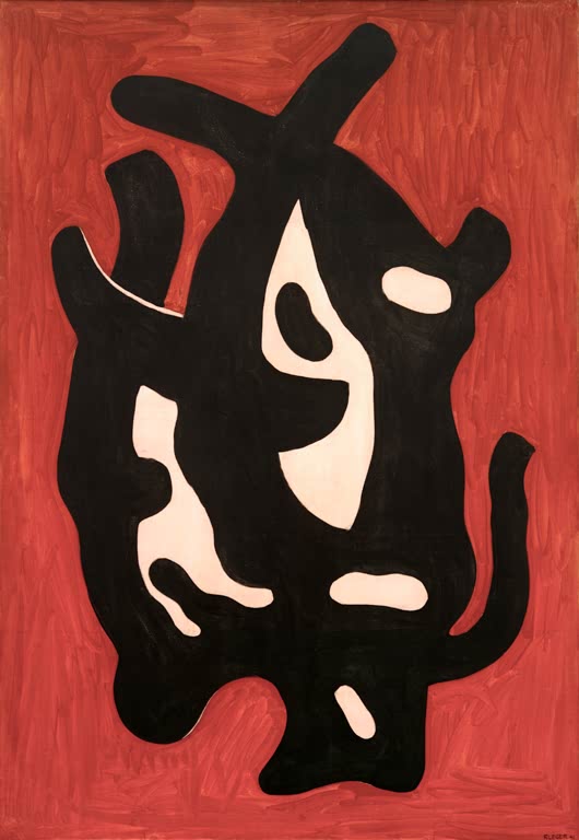 Schwarze Wurzelform mit hellen Aussparungen vor rotem Grund – Fernand Leger La racine noire Kunstkopie