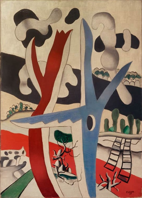Stilisierter blauer und roter Baum vor Hügeln, Leiter und roter Fläche – Fernand Leger Landschaft mit blauem Baum Kunstkopie