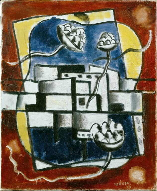 Gelb-blaue Landschaft mit Artischockenblüten und weißen Blöcken vor Rotbraun – Fernand Leger Landschaft Kunstkopie
