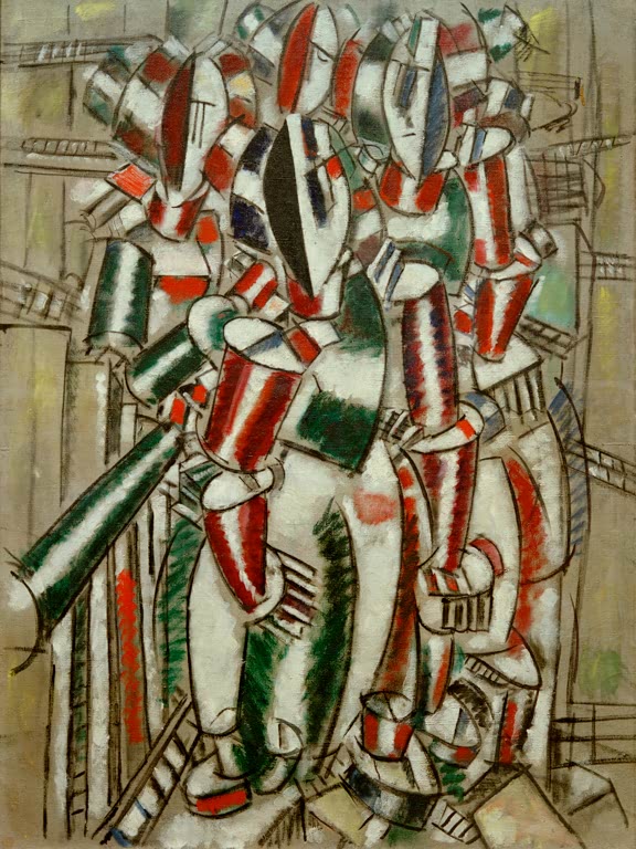 Kubistisch zerlegte Figuren in rot-grün gestreiften Röhrenformen – Fernand Leger Le balcon Kunstkopie